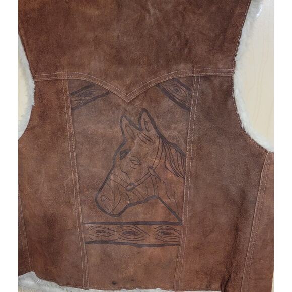 Vintage Suede Leather Sherpa Lined Vest with Embossed Horse Back Western XLarge - Picture 6 of 8
